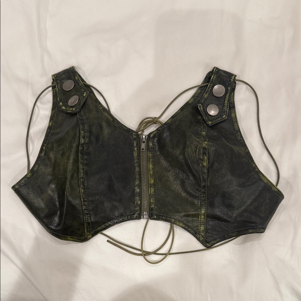 Jaded London Green Leather Lace-Up Crop Top